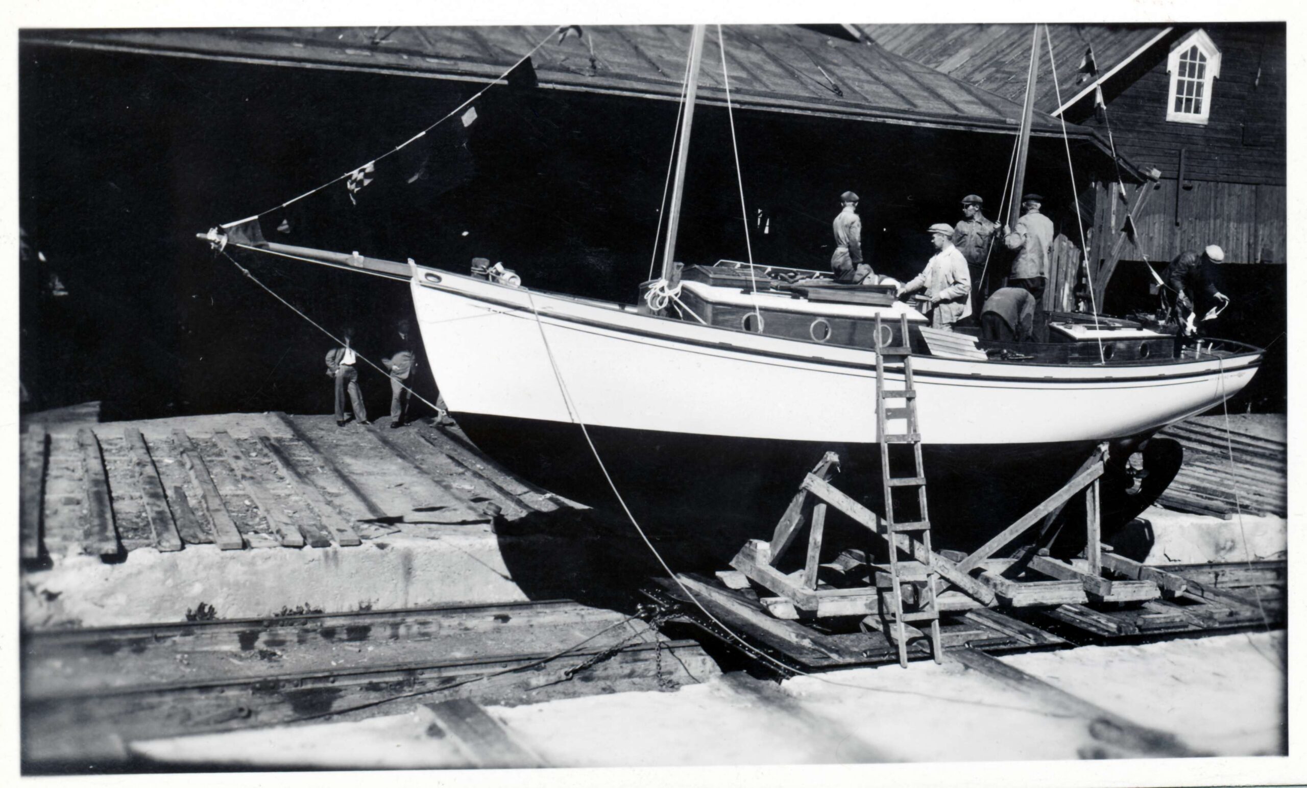 Göran Schildts´ classic boat Daphne designed by Jarl Lindblom just prior to its maiden launch in 1935 at Åbo båtvarv. Photo ©Tom Bäckströms collection
